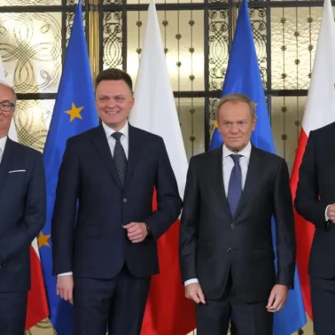 Liderzy koalicji rządowej: Włodzimierz Czarzasty, Szymon Hołownia, Donald Tusk i Władysław Kosiniak-Kamysz