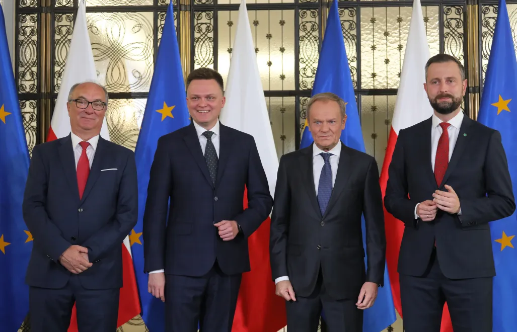 Liderzy koalicji rządowej: Włodzimierz Czarzasty, Szymon Hołownia, Donald Tusk i Władysław Kosiniak-Kamysz